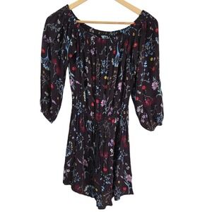 AUDREY 3+1 Black Floral Print Off Shoulder 3/4 Sleeve Tassel Mini Dress Boho